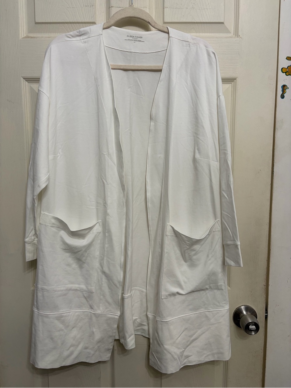 Eileen Fisher women Long Open-Front White Cardigan with Pockets size 1X